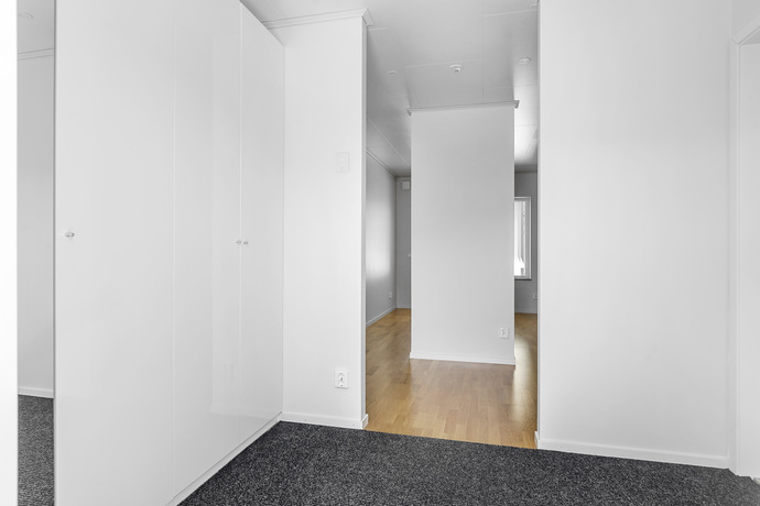 Hall med heltäcknings matta samt gått om förvaringsmöjligheter 